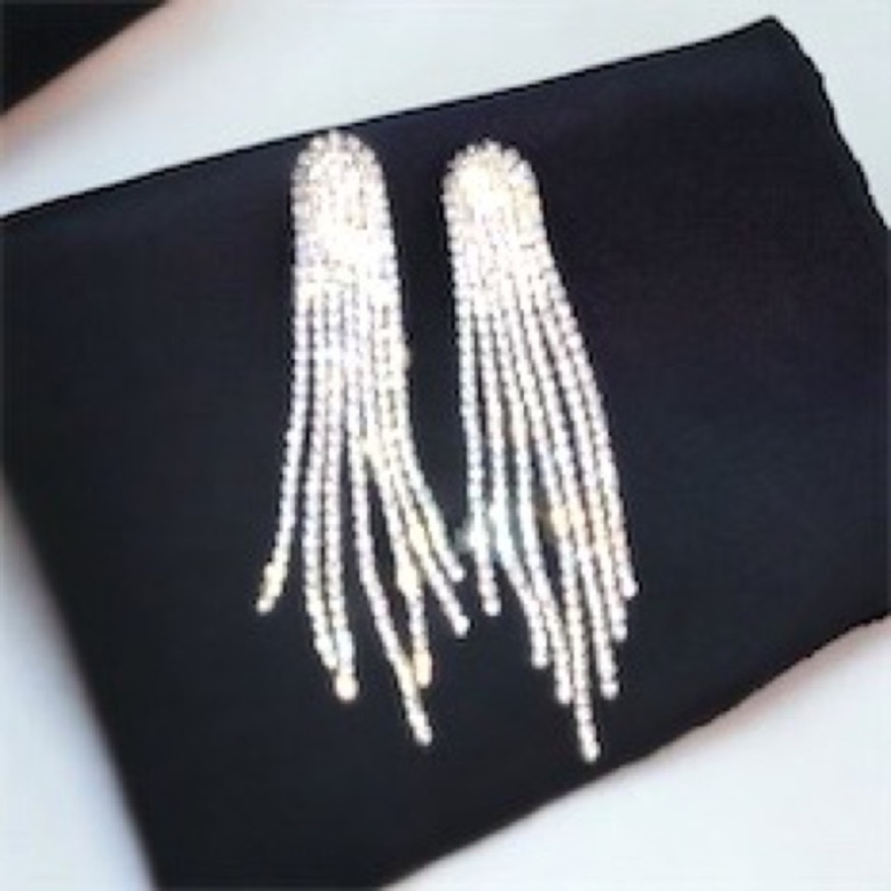 Silver Crystals Rhinestone Tassel Fringe Chandelier Dangle Drop Earrings